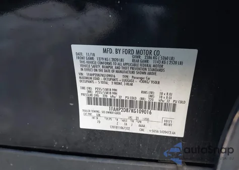 2019 Ford Taurus Se from USA, damaged, VIN 1FAHP2D87KG109016